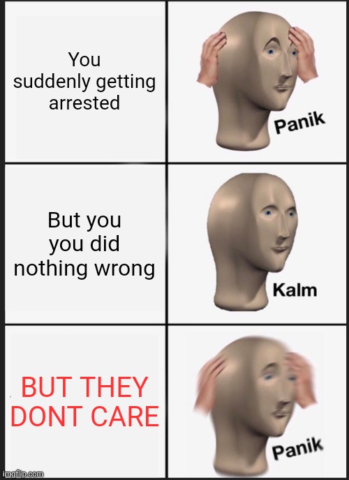 Panik Kalm Panik Meme | You suddenly getting arrested; But you you did nothing wrong; BUT THEY DONT CARE | image tagged in memes,panik kalm panik | made w/ Imgflip meme maker