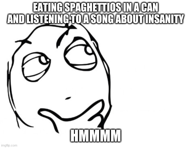 hMmMmM coincidence? I think not! | EATING SPAGHETTIOS IN A CAN AND LISTENING TO A SONG ABOUT INSANITY; HMMMM | image tagged in hmmm,makes sense,hmm,please help me,spaghettios,insanity | made w/ Imgflip meme maker
