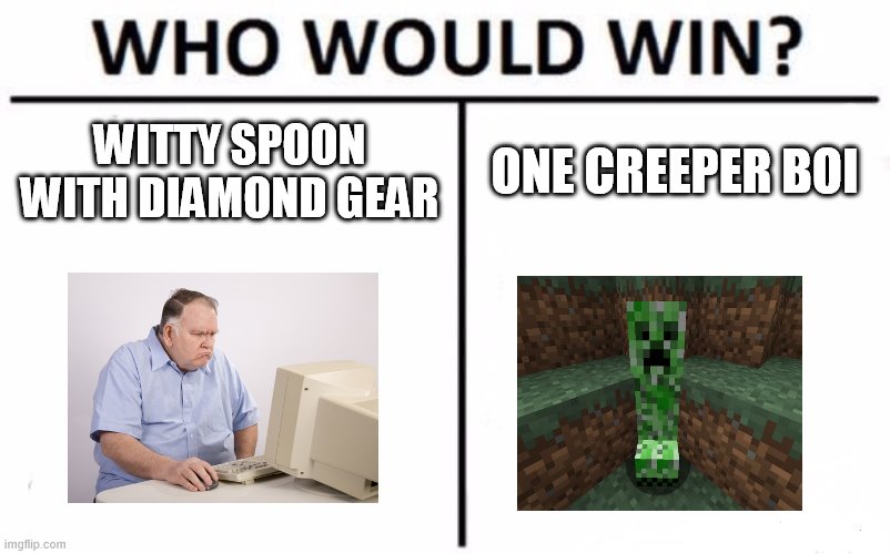 Who Would Win? Meme | WITTY SPOON WITH DIAMOND GEAR; ONE CREEPER BOI | image tagged in memes,who would win | made w/ Imgflip meme maker
