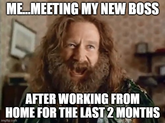 What Year Is It | ME...MEETING MY NEW BOSS; AFTER WORKING FROM HOME FOR THE LAST 2 MONTHS | image tagged in memes,what year is it | made w/ Imgflip meme maker