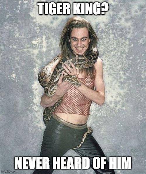 Fabulous Frank And His Snake |  TIGER KING? NEVER HEARD OF HIM | image tagged in memes,fabulous frank and his snake | made w/ Imgflip meme maker