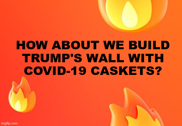 What A Genius!!! | HOW ABOUT WE BUILD
TRUMP'S WALL WITH
COVID-19 CASKETS? | image tagged in covid-19,coronavirus,donald trump,dark humor,rick75230 | made w/ Imgflip meme maker