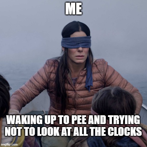 I don't want to know how much time is left!!!! | ME; WAKING UP TO PEE AND TRYING NOT TO LOOK AT ALL THE CLOCKS | image tagged in memes,bird box,alarm clock,alarm,waking up,sleeping | made w/ Imgflip meme maker