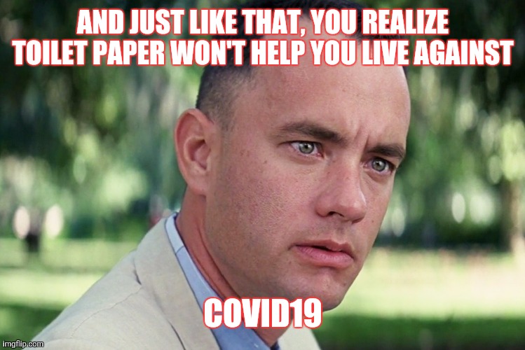 And Just Like That | AND JUST LIKE THAT, YOU REALIZE TOILET PAPER WON'T HELP YOU LIVE AGAINST; COVID19 | image tagged in memes,and just like that | made w/ Imgflip meme maker
