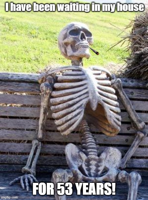 I have been waiting.. | I have been waiting in my house; FOR 53 YEARS! | image tagged in memes,waiting skeleton,waiting,coronavirus | made w/ Imgflip meme maker