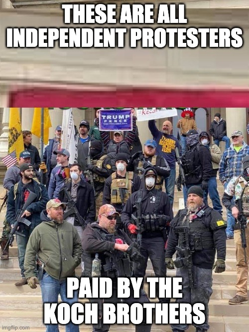 Protesters Koch brothers | THESE ARE ALL INDEPENDENT PROTESTERS; PAID BY THE KOCH BROTHERS | image tagged in protesters,republicans,conservatives,trump,koch brothers | made w/ Imgflip meme maker