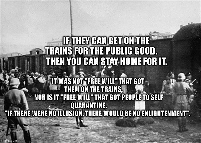 Government | IF THEY CAN GET ON THE TRAINS FOR THE PUBLIC GOOD.      
 THEN YOU CAN STAY HOME FOR IT. IT WAS NOT "FREE WILL" THAT GOT THEM ON THE TRAINS,        
 NOR IS IT "FREE WILL" THAT GOT PEOPLE TO SELF QUARANTINE.                
 "IF THERE WERE NO ILLUSION, THERE WOULD BE NO ENLIGHTENMENT". | image tagged in holocaust train | made w/ Imgflip meme maker