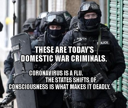 cops | THESE ARE TODAY'S DOMESTIC WAR CRIMINALS. CORONAVIRUS IS A FLU.                          THE STATES SHIFTS OF CONSCIOUSNESS IS WHAT MAKES IT DEADLY. | image tagged in cliche police | made w/ Imgflip meme maker