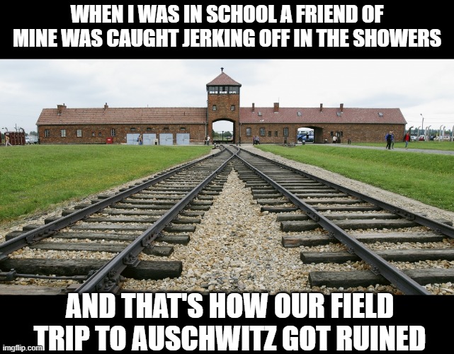 Not the Place to Do That | WHEN I WAS IN SCHOOL A FRIEND OF MINE WAS CAUGHT JERKING OFF IN THE SHOWERS; AND THAT'S HOW OUR FIELD TRIP TO AUSCHWITZ GOT RUINED | image tagged in auschwitz | made w/ Imgflip meme maker