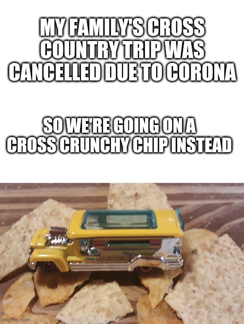 MY FAMILY'S CROSS COUNTRY TRIP WAS CANCELLED DUE TO CORONA; SO WE'RE GOING ON A CROSS CRUNCHY CHIP INSTEAD | image tagged in blank white template | made w/ Imgflip meme maker