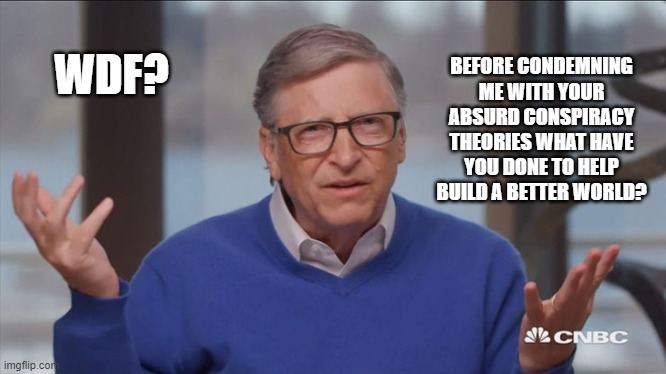 bill gates what have you done? | BEFORE CONDEMNING ME WITH YOUR ABSURD CONSPIRACY THEORIES WHAT HAVE YOU DONE TO HELP BUILD A BETTER WORLD? WDF? | image tagged in bill gates | made w/ Imgflip meme maker