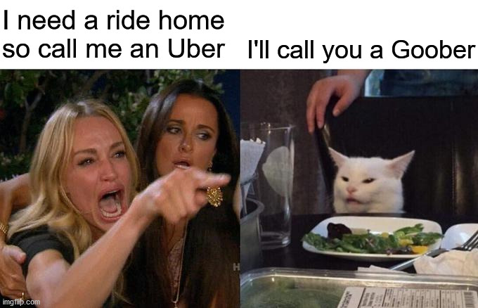 Woman Yelling At Cat | I need a ride home
so call me an Uber; I'll call you a Goober | image tagged in memes,woman yelling at cat,uber,call me,go home youre drunk,spongebob i need it | made w/ Imgflip meme maker