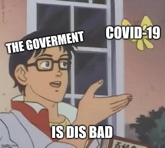 Is This A Pigeon Meme | COVID-19; THE GOVERMENT; IS DIS BAD | image tagged in memes,is this a pigeon | made w/ Imgflip meme maker