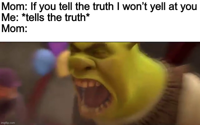 Shrek Screaming | Mom: If you tell the truth I won’t yell at you
Me: *tells the truth*
Mom: | image tagged in shrek screaming | made w/ Imgflip meme maker