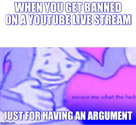 Excuse me wtf blank template | WHEN YOU GET BANNED ON A YOUTUBE LIVE STREAM; JUST FOR HAVING AN ARGUMENT | image tagged in excuse me wtf blank template | made w/ Imgflip meme maker