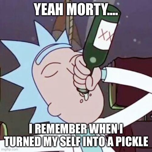 YEAH MORTY.... I REMEMBER WHEN I TURNED MY SELF INTO A PICKLE | image tagged in rick drinking | made w/ Imgflip meme maker
