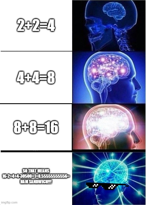 Expanding Brain | 2+2=4; 4+4=8; 8+8=16; SO THAT MEANS 16-2+4+4-30500+1+0.55555555556= HAM SANDWICH!!! | image tagged in memes,expanding brain | made w/ Imgflip meme maker