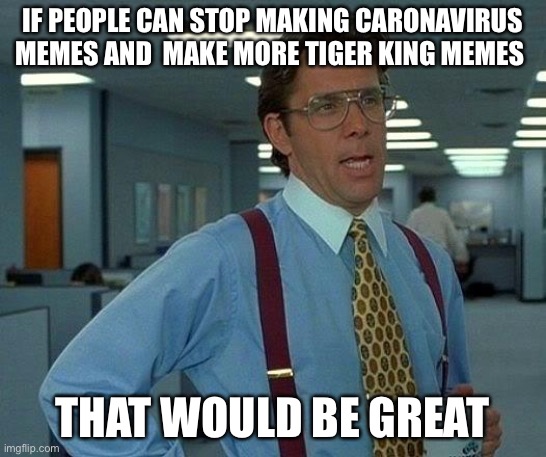 That Would Be Great | IF PEOPLE CAN STOP MAKING CARONAVIRUS MEMES AND  MAKE MORE TIGER KING MEMES; THAT WOULD BE GREAT | image tagged in memes,that would be great | made w/ Imgflip meme maker