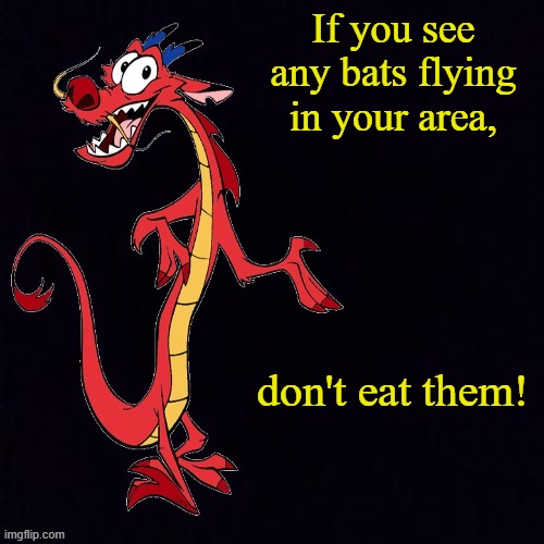 A Mushu P.S.A | If you see any bats flying in your area, don't eat them! | image tagged in mushu,china,covid-19,coronavirus,pandemic | made w/ Imgflip meme maker