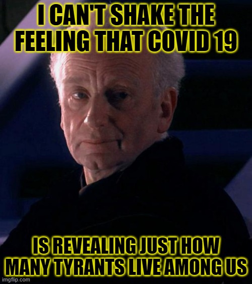 Palpatine | I CAN'T SHAKE THE FEELING THAT COVID 19; IS REVEALING JUST HOW MANY TYRANTS LIVE AMONG US | image tagged in palpatine | made w/ Imgflip meme maker