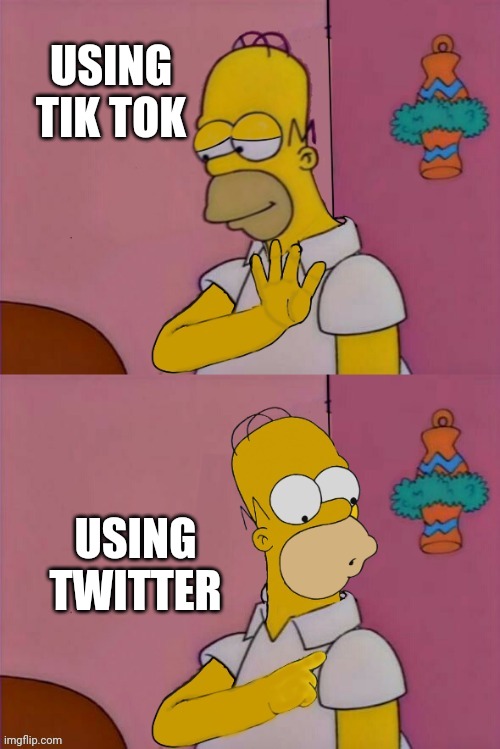 Homers Drake Hotline Bling | USING TIK TOK; USING TWITTER | image tagged in homers drake hotline bling,funny,memes,homer simpson | made w/ Imgflip meme maker