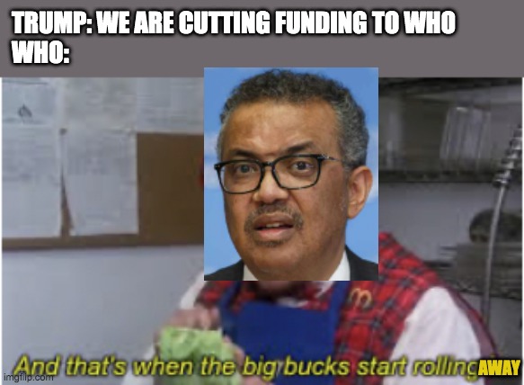 And that’s when the big bucks start rolling in | TRUMP: WE ARE CUTTING FUNDING TO WHO
WHO:; AWAY | image tagged in covid-19,world health organization,trump,coronavirus | made w/ Imgflip meme maker