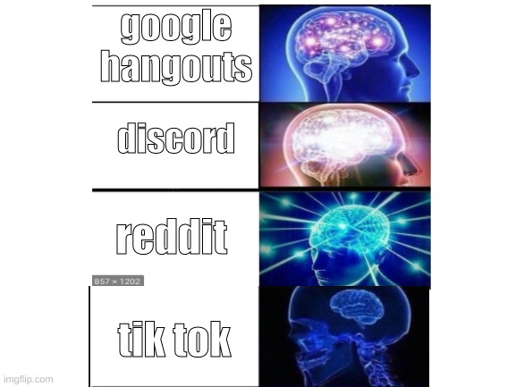 google hangouts; discord; reddit; tik tok | image tagged in expanding brain | made w/ Imgflip meme maker