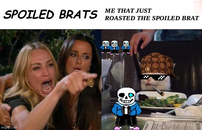Woman Yelling At Cat Meme | SPOILED BRATS; ME THAT JUST ROASTED THE SPOILED BRAT | image tagged in memes,woman yelling at cat | made w/ Imgflip meme maker