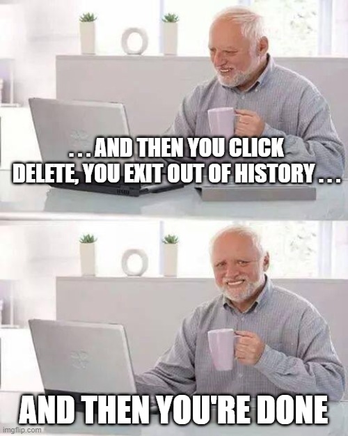 Hide the Pain Harold | . . . AND THEN YOU CLICK DELETE, YOU EXIT OUT OF HISTORY . . . AND THEN YOU'RE DONE | image tagged in memes,hide the pain harold | made w/ Imgflip meme maker