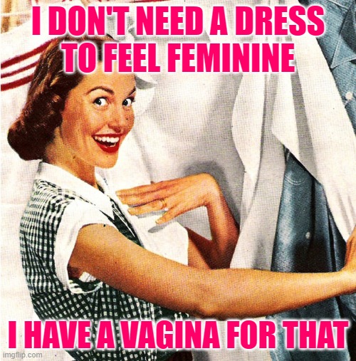 Sassy Anatomy | I DON'T NEED A DRESS
TO FEEL FEMININE; I HAVE A VAGINA FOR THAT | image tagged in vintage laundry woman,feminine,humor,sassy,anatomy,funny | made w/ Imgflip meme maker