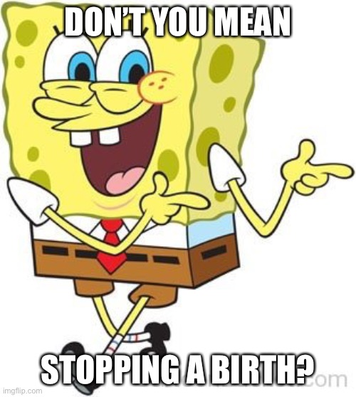 Sponge bob pointing | DON’T YOU MEAN STOPPING A BIRTH? | image tagged in sponge bob pointing | made w/ Imgflip meme maker