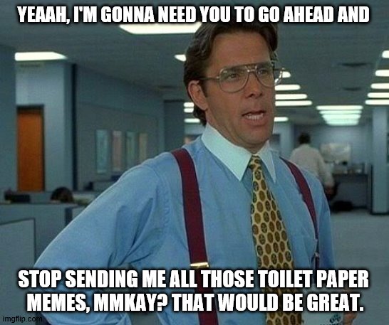 That Would Be Great Meme | YEAAH, I'M GONNA NEED YOU TO GO AHEAD AND; STOP SENDING ME ALL THOSE TOILET PAPER 
MEMES, MMKAY? THAT WOULD BE GREAT. | image tagged in memes,that would be great | made w/ Imgflip meme maker