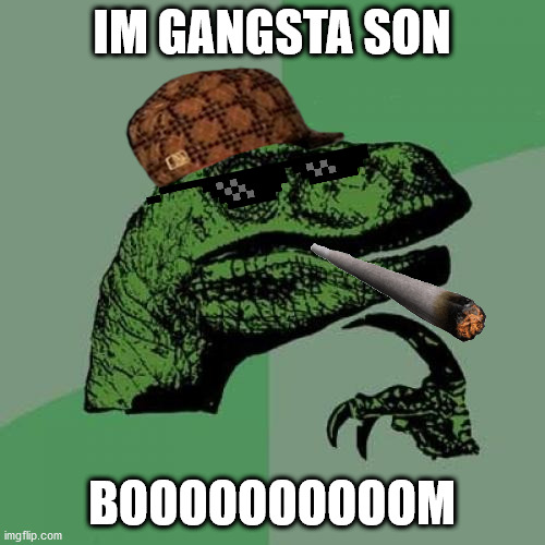 Philosoraptor | IM GANGSTA SON; BOOOOOOOOOOM | image tagged in memes,philosoraptor | made w/ Imgflip meme maker