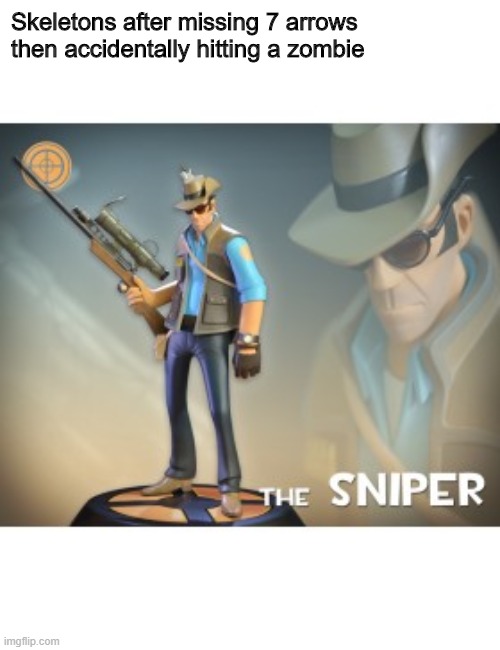 The Sniper TF2 meme | Skeletons after missing 7 arrows then accidentally hitting a zombie | image tagged in the sniper tf2 meme | made w/ Imgflip meme maker