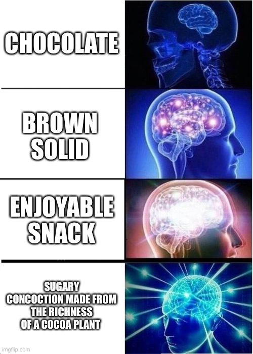 Expanding Brain Meme | CHOCOLATE; BROWN SOLID; ENJOYABLE SNACK; SUGARY CONCOCTION MADE FROM THE RICHNESS OF A COCOA PLANT | image tagged in memes,expanding brain | made w/ Imgflip meme maker