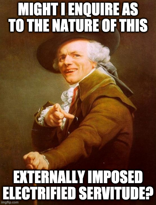 Joseph Ducreux Meme | MIGHT I ENQUIRE AS TO THE NATURE OF THIS; EXTERNALLY IMPOSED ELECTRIFIED SERVITUDE? | image tagged in memes,joseph ducreux | made w/ Imgflip meme maker