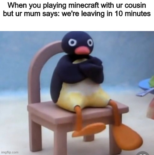 Angry pingu | When you playing minecraft with ur cousin but ur mum says: we're leaving in 10 minutes | image tagged in angry pingu | made w/ Imgflip meme maker