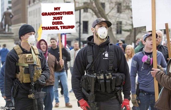 You'll never see this sign. The demonstrations are run by Trump supporters. | MY GRANDMOTHER JUST DIED. THANKS, TRUMP | image tagged in coronavirus,covid-19,trump,death | made w/ Imgflip meme maker