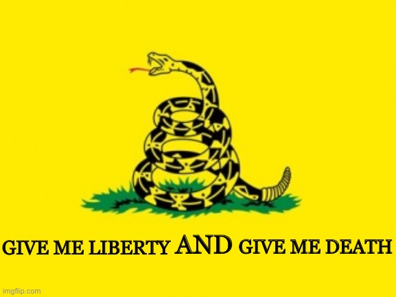 Protestor flag | GIVE ME LIBERTY; GIVE ME DEATH; AND | image tagged in gadsden flag,protesters,covid-19,covidiots,freedom,coronavirus | made w/ Imgflip meme maker