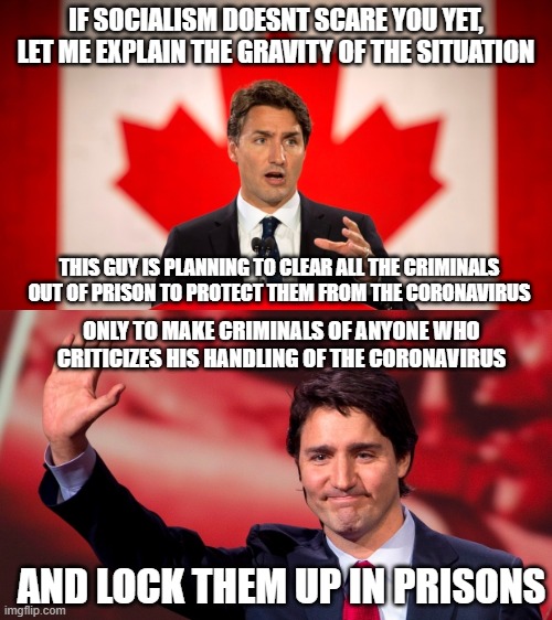 It's crazy | IF SOCIALISM DOESNT SCARE YOU YET, LET ME EXPLAIN THE GRAVITY OF THE SITUATION; THIS GUY IS PLANNING TO CLEAR ALL THE CRIMINALS OUT OF PRISON TO PROTECT THEM FROM THE CORONAVIRUS; ONLY TO MAKE CRIMINALS OF ANYONE WHO CRITICIZES HIS HANDLING OF THE CORONAVIRUS; AND LOCK THEM UP IN PRISONS | image tagged in justin trudeau,trudeau,liberal hypocrisy,coronavirus,socialism,meanwhile in canada | made w/ Imgflip meme maker