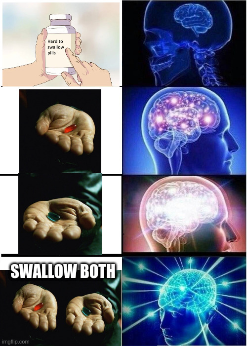 Stay in and see through, maybe - transcendent non reluctance | SWALLOW BOTH | image tagged in memes,expanding brain | made w/ Imgflip meme maker