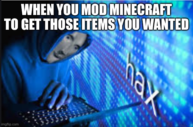 Hax | WHEN YOU MOD MINECRAFT TO GET THOSE ITEMS YOU WANTED | image tagged in hax | made w/ Imgflip meme maker
