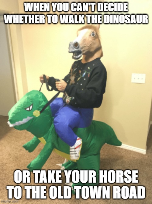 Random horse guy | WHEN YOU CAN'T DECIDE WHETHER TO WALK THE DINOSAUR; OR TAKE YOUR HORSE TO THE OLD TOWN ROAD | image tagged in random horse guy | made w/ Imgflip meme maker