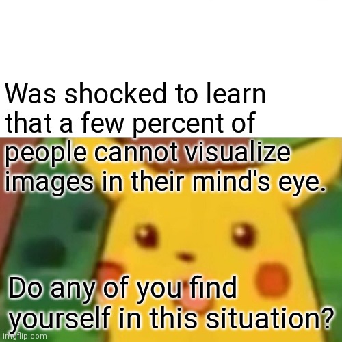 This raises a lot of questions for me. | Was shocked to learn that a few percent of people cannot visualize images in their mind's eye. Do any of you find yourself in this situation? | image tagged in memes,surprised pikachu,imagination | made w/ Imgflip meme maker