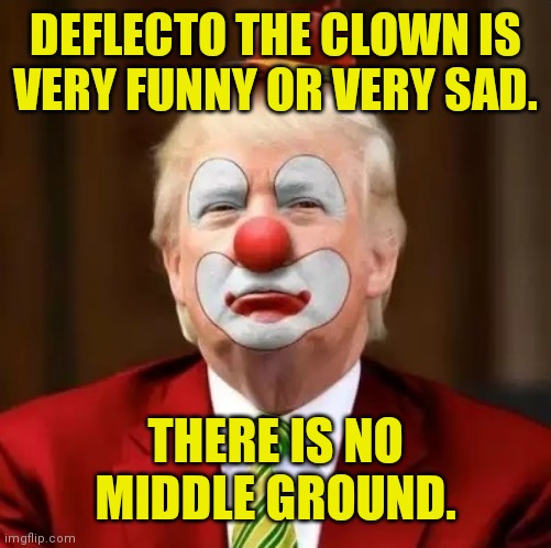 He is not for everyone. | DEFLECTO THE CLOWN IS
VERY FUNNY OR VERY SAD. THERE IS NO MIDDLE GROUND. | image tagged in donald trump clown,memes,deflecto | made w/ Imgflip meme maker