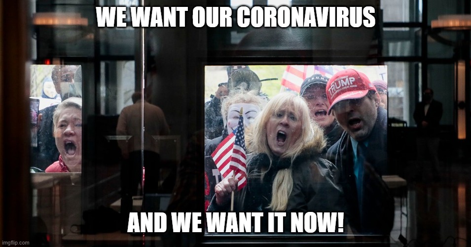 WE WANT OUR CORONAVIRUS; AND WE WANT IT NOW! | image tagged in coronavirus,stupidity | made w/ Imgflip meme maker