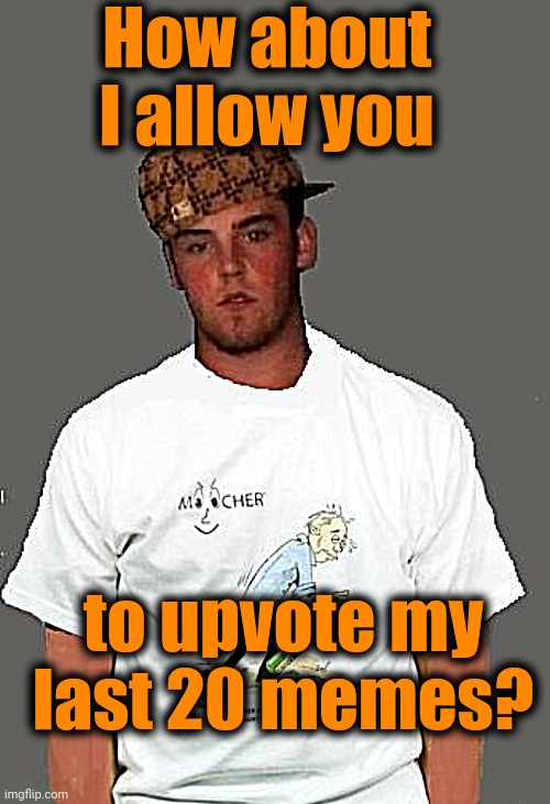warmer season Scumbag Steve | How about I allow you to upvote my last 20 memes? | image tagged in warmer season scumbag steve | made w/ Imgflip meme maker