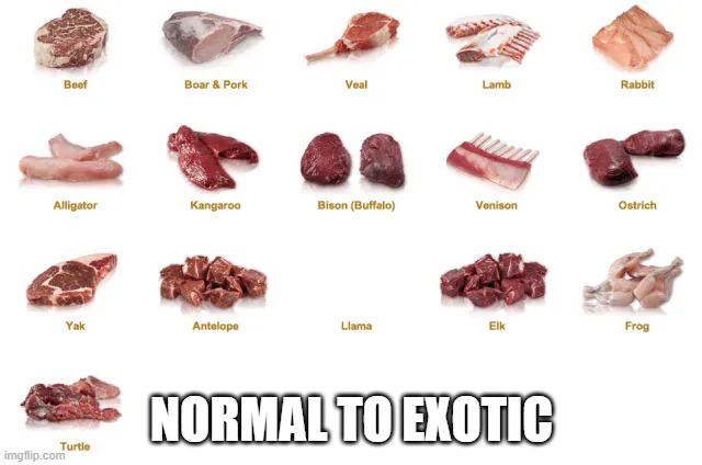 Meat Collection | NORMAL TO EXOTIC | image tagged in food | made w/ Imgflip meme maker