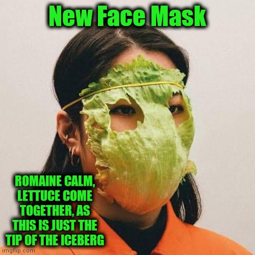  New Face Mask; ROMAINE CALM, LETTUCE COME TOGETHER, AS THIS IS JUST THE TIP OF THE ICEBERG | image tagged in face mask,coronavirus,policy,social distancing,funny meme | made w/ Imgflip meme maker