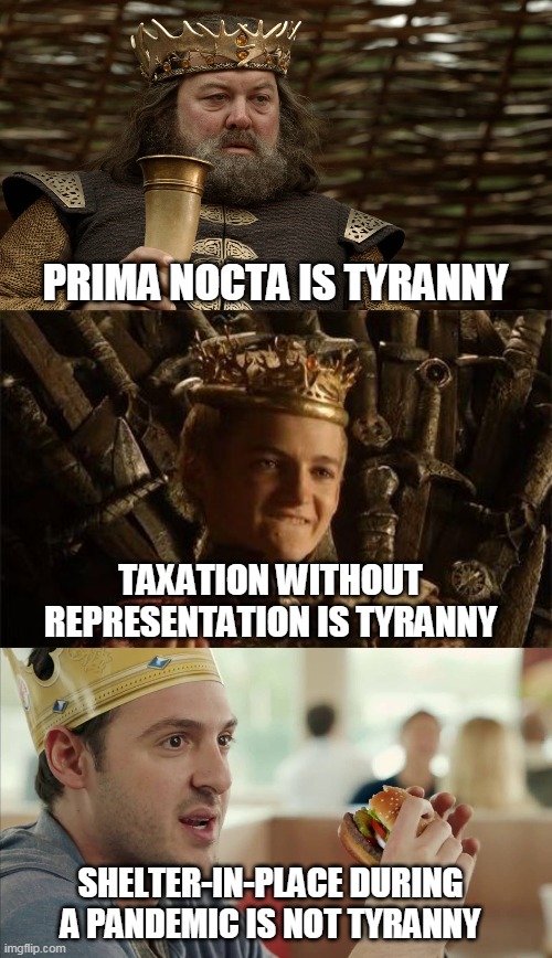 What is and isn't tyranny | PRIMA NOCTA IS TYRANNY; TAXATION WITHOUT REPRESENTATION IS TYRANNY; SHELTER-IN-PLACE DURING A PANDEMIC IS NOT TYRANNY | image tagged in king joffrey,king robert baratheon,burger king guy somebody's gonna get fired for this | made w/ Imgflip meme maker